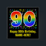 Badge Carré 5 Cm 90th Birthday: Colorful Music Symbols, Rainbow 90<br><div class="desc">This fun, vibrant, and colorful birthday-themed button design features a large number "90" having a rainbow spectrum gradient inspired pattern. It also features the message "Happy 90th Birthday, ", and a personalized name. Part of the background features a pattern of various music notes and symbols having a variety of colors...</div>