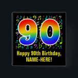 Badge Carré 5 Cm 90th Birthday: Colorful Music Symbols, Rainbow 90<br><div class="desc">This fun, vibrant, and colorful birthday-themed button design features a large number "90" having a rainbow spectrum gradient inspired pattern. It also features the message "Happy 90th Birthday, ", and a personalized name. Part of the background features a pattern of various music notes and symbols having a variety of colors...</div>
