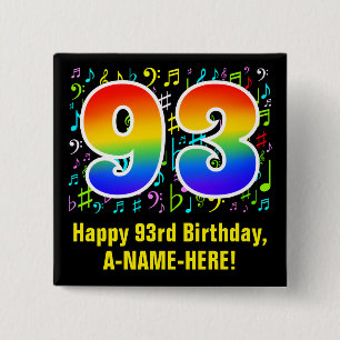 Badge Carré 5 Cm 93e anniversaire : Symboles de musique colorée, Ar