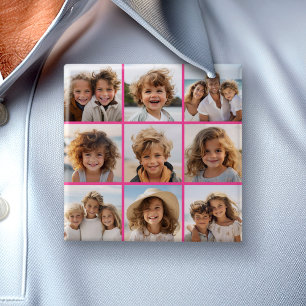 Badge Carré 5 Cm 9 Collage de photos - Grille moderne sur fond rose