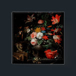 Badge Carré 5 Cm Abraham Mignon Le Bouquet Renversé. Floral<br><div class="desc">Abraham Mignon bouton "Le Bouquet renversé". Art de la renaissance florale.</div>