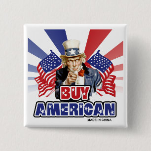 Badge Carré 5 Cm Achetez Américain ( Fabriqué en Chine ) - Blague d