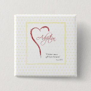 Badge Carré 5 Cm Adoption, Religieux, Dots Jaunes avec Coeur Rouge