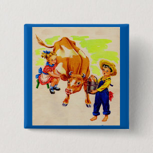 Badge Carré 5 Cm adorable enfant avec adorable vache