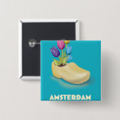 Badge Carré 5 Cm Affiche de voyage Amsterdam Cloggs et Tulips. T-sh (Devant & derrière)