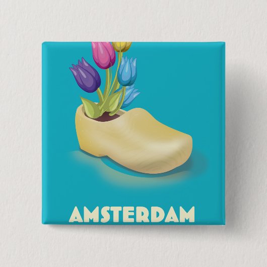Badge Carré 5 Cm Affiche de voyage Amsterdam Cloggs et Tulips. T-sh (Devant)