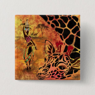 Badge Carré 5 Cm African Girl and Giraffe - Friends - Art Drawing -