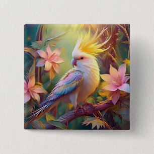 Badge Carré 5 Cm Aile Iridescente Cockatiel Imaginaire Oiseau