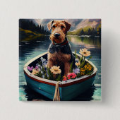 Badge Carré 5 Cm Airedale Dog on a Paddle : Une aventure Pittoresqu (Devant)