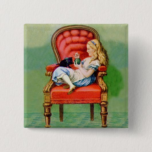Badge Carré 5 Cm Alice & Her Cat Dinah dans la chaise BIg Red Velve (Devant)