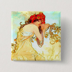 Badge Carré 5 Cm Alphonse Mucha Art Nouveau Été