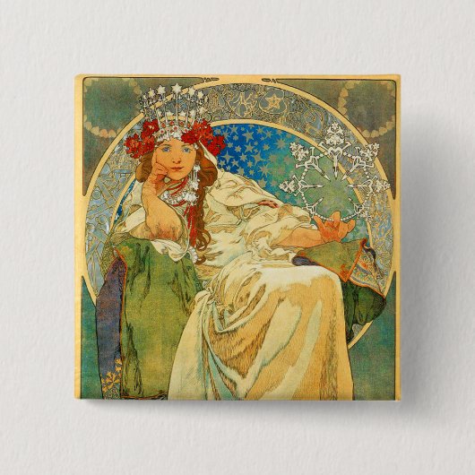 Badge Carré 5 Cm Alphonse Mucha Art Nouveau Princesse Hyacinth (Devant)