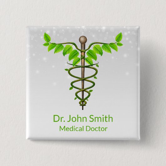 Badge Carré 5 Cm Alternative Médicale Caduceus Vert Feuilles Blanc (Devant)