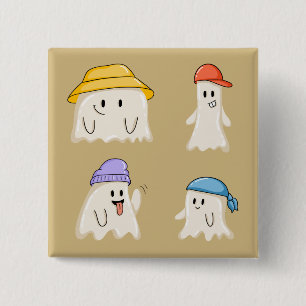 Badge Carré 5 Cm Amis fantômes portant des chapeaux colorés