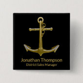 Badge Carré 5 Cm Ancre classique en or nautique sur noir (Devant)