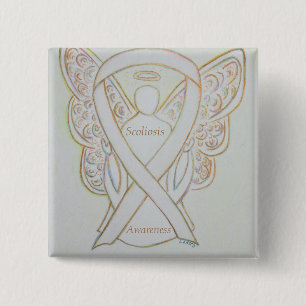 Badge Carré 5 Cm Ange de sensibilisation à la Scoliose Blanc Ruban 