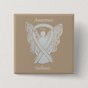 Badge Carré 5 Cm Ange de sensibilisation à la Scoliose Blanc Ruban