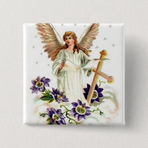 Badge Carré 5 Cm Angel Avec Croix Et Fleurs Clematis 6 Cm Tour B