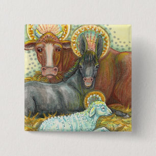 BADGE CARRÉ 5 CM ANIMAUX DE LA NATIVITÉ EN STABLE, OX, ÂNE ET MOUCH