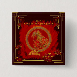 Badge Carré 5 Cm Année du Cheval de Feu , Bonne Année Lunaire