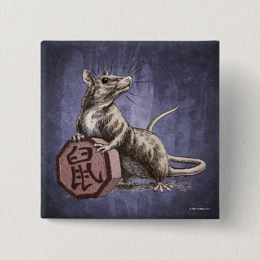 Badge Carré 5 Cm Année du Rat chinois Zodiac Art (Devant)