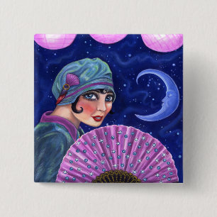 Badge Carré 5 Cm Années folles Flapper Girl Fan Lune Stars