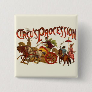 Badge Carré 5 Cm Antique Cirque Parade Clowns Chevaux