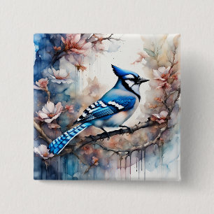 Badge Carré 5 Cm Aquarelle bleu Jay Cherry Blossoms