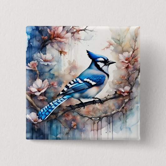 Badge Carré 5 Cm Aquarelle bleu Jay Cherry Blossoms (Devant)