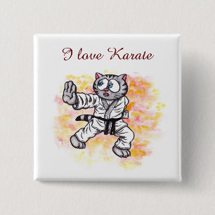 Badge Carré 5 Cm aquarelle caricature Karate Kitten esprit combatif