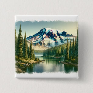 Badge Carré 5 Cm Aquarelle du parc national du Mont-Rainier
