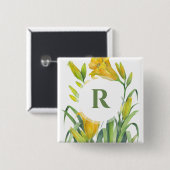 Badge Carré 5 Cm Aquarelle Jaune Lys Fleur Illustration (Devant & derrière)