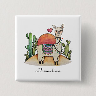 Badge Carré 5 Cm Aquarelle Llama Avec Cactus
