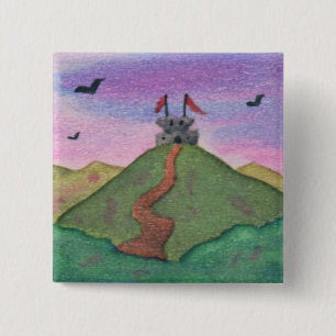Badge Carré 5 Cm Aquarelle, Peinture, Nature, Forteresse, Château,