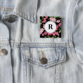 Badge Carré 5 Cm Aquarelle rose Hydrangea et anémone japonaise (En situation)