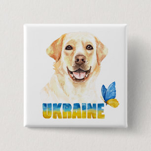 Badge Carré 5 Cm Aquarelle Ukraine Labrador jaune et papillon 