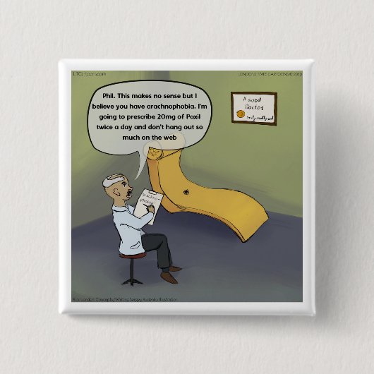 Badge Carré 5 Cm Araignée Avec Arachnophobie En Thérapie Drôle (Devant)