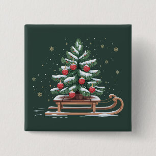 Badge Carré 5 Cm Arbre de Noël Fêtes Traîneau Hiver Fêtes Flocons d