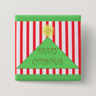 Badge Carré 5 Cm Arbre de Noël Joyeux rayé