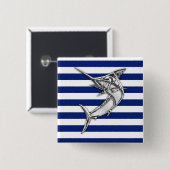Badge Carré 5 Cm Argent Marlin espadon sur les rayures de marine (Devant & derrière)
