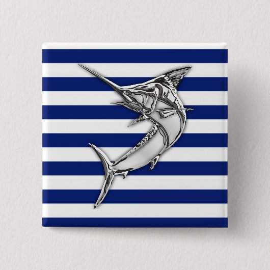 Badge Carré 5 Cm Argent Marlin espadon sur les rayures de marine (Devant)