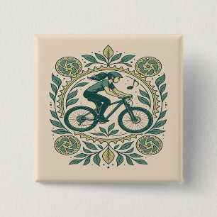 Badge Carré 5 Cm Art Cycliste Féminin Inspiré par la Nature - Vélo
