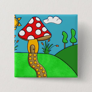 Badge Carré 5 Cm Art fongique fantaisiste de la forêt