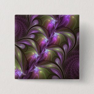 Badge Carré 5 Cm Art fractal abstrait violet pourpre kaki coloré