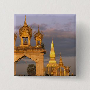 Badge Carré 5 Cm Asie, Laos, Vientiane. Temple de That Luang.