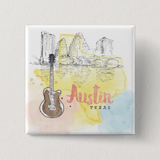 Badge Carré 5 Cm Austin, croquis d'aquarelle du Texas | (Devant)