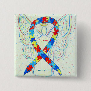 Badge Carré 5 Cm Autisme Angel Puzzle Sensibilisation Ruban Pins