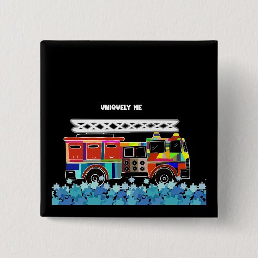 Badge Carré 5 Cm Autisme Pièces de puzzle Firetruck (Devant)