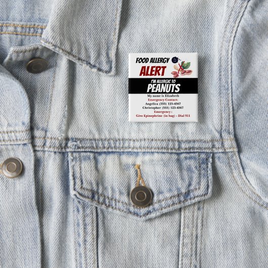 Badge Carré 5 Cm Avertissement d'alerte d'allergie aux aliments pou (En situation)