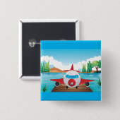 Badge Carré 5 Cm Avion de dessin sur Lake Dock Amusement Travel Adv (Devant & derrière)